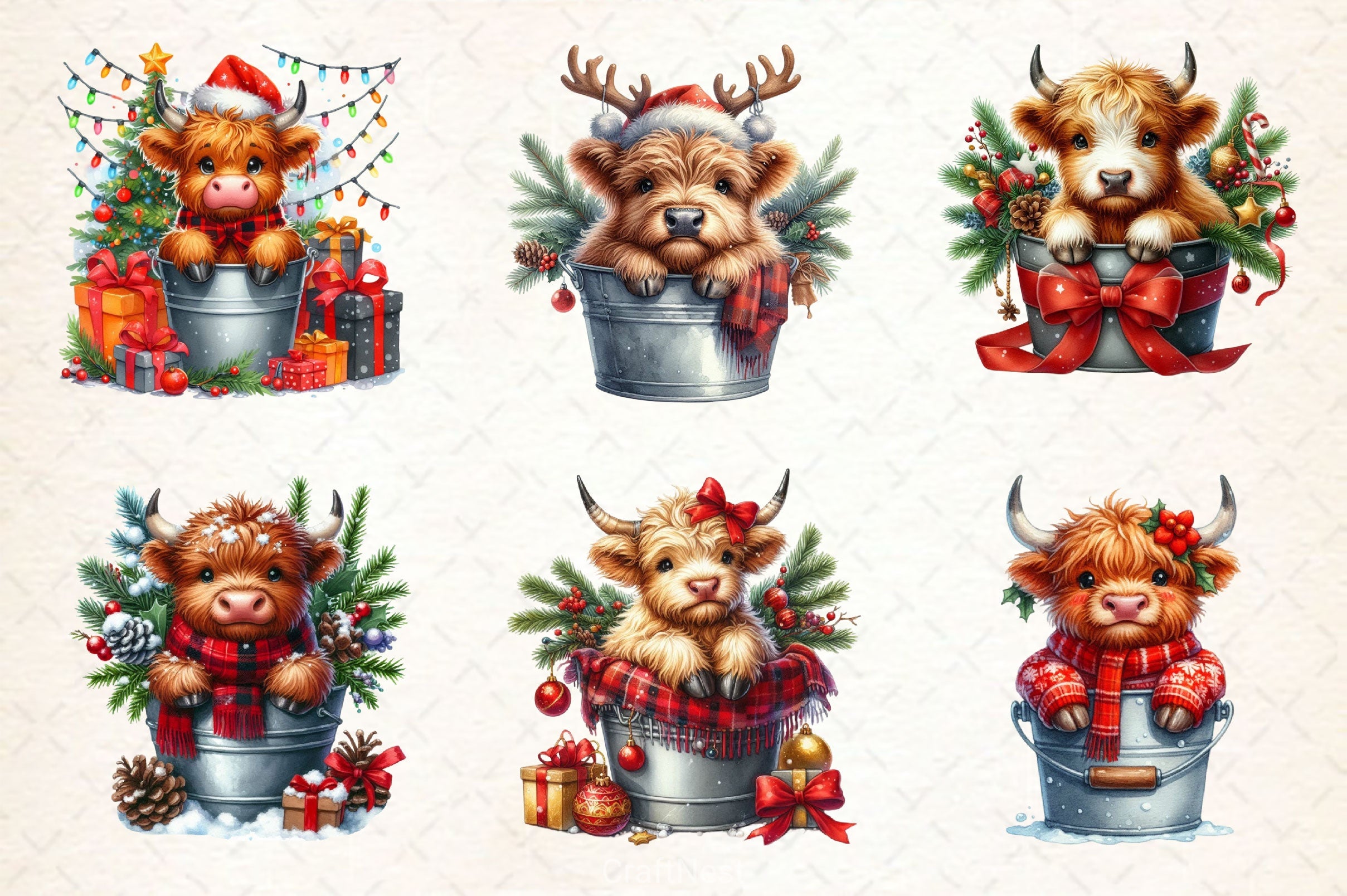 Christmas Highland Cows In Bucket Clipart Bundle - CraftNest - Digital Crafting and Art