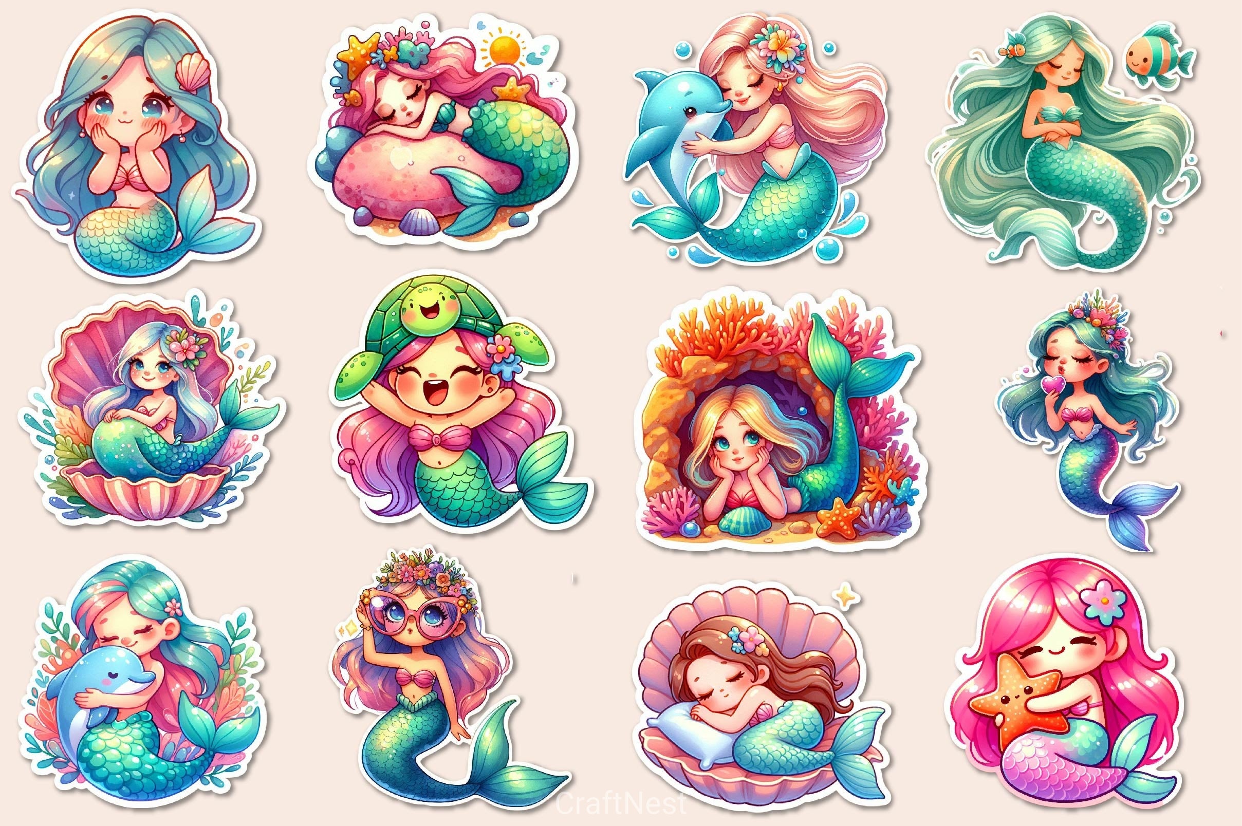 Kawaii Mermaid Clipart Bundle - CraftNest - Digital Crafting and Art