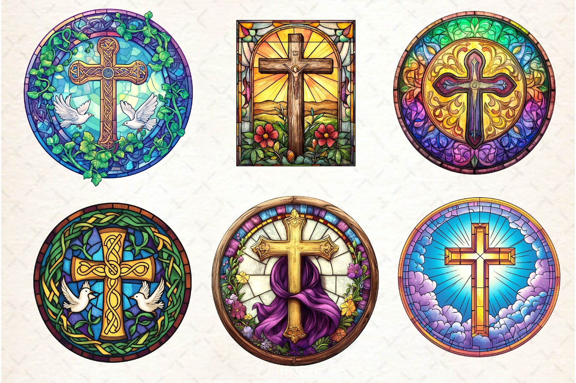 Christian Cross Round Stained Glass Art Clipart Bundle - CraftNest - Digital Crafting and Art
