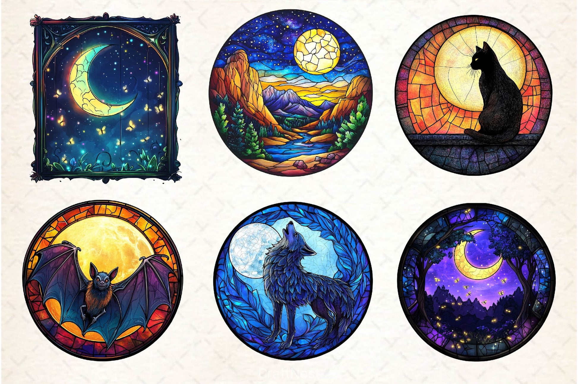 Moonlit Nights Stained Glass Circle Clipart Bundle - CraftNest - Digital Crafting and Art