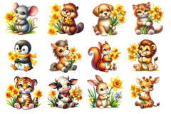 Cute Animals With Daffodils Flowers Clipart Bundle - CraftNest - Digital Crafting and Art