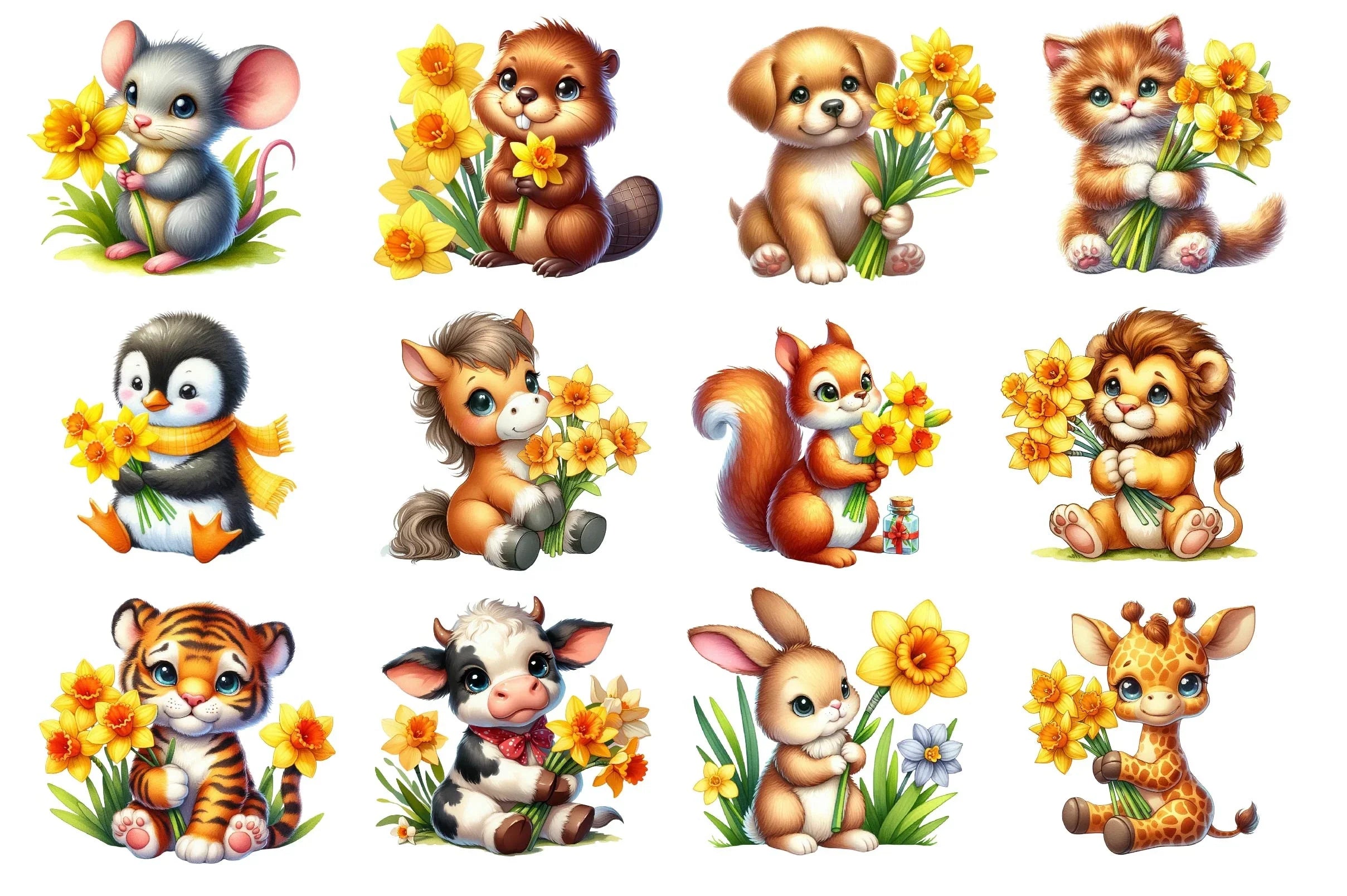 Cute Animals With Daffodils Flowers Clipart Bundle - CraftNest - Digital Crafting and Art