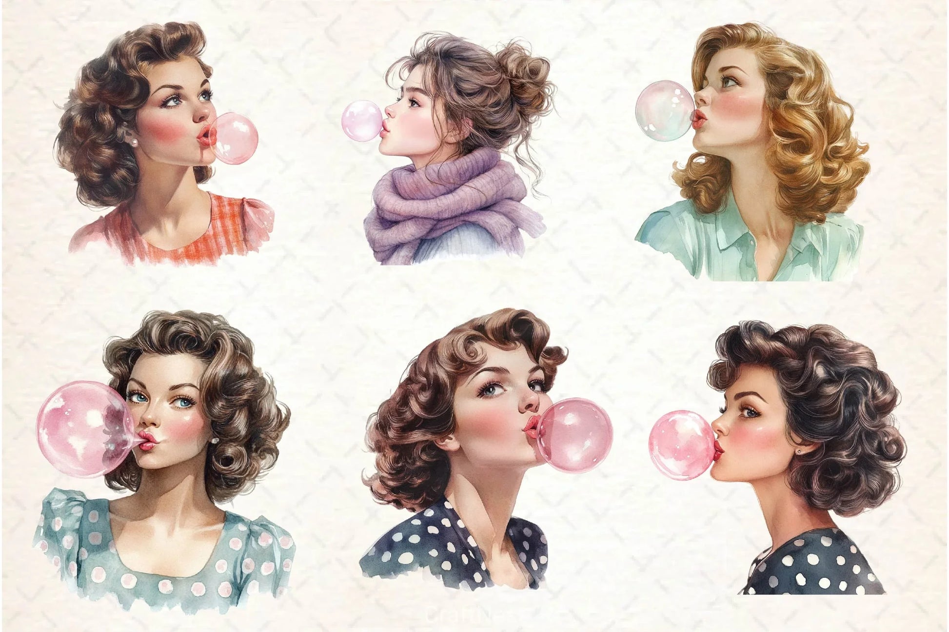 Retro Girl Blowing A Bubblegum Clipart Bundle 2 - CraftNest - Digital Crafting and Art