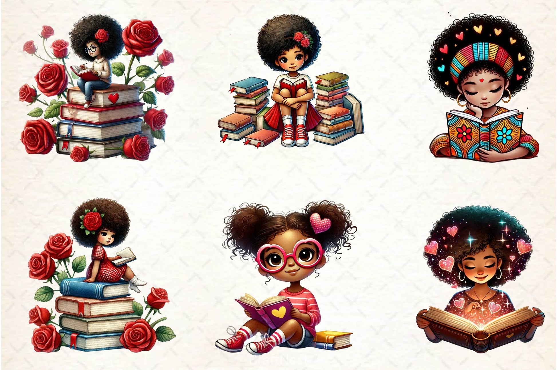 Valentine's Day Bookworm African Girl Clipart Bundle - CraftNest - Digital Crafting and Art
