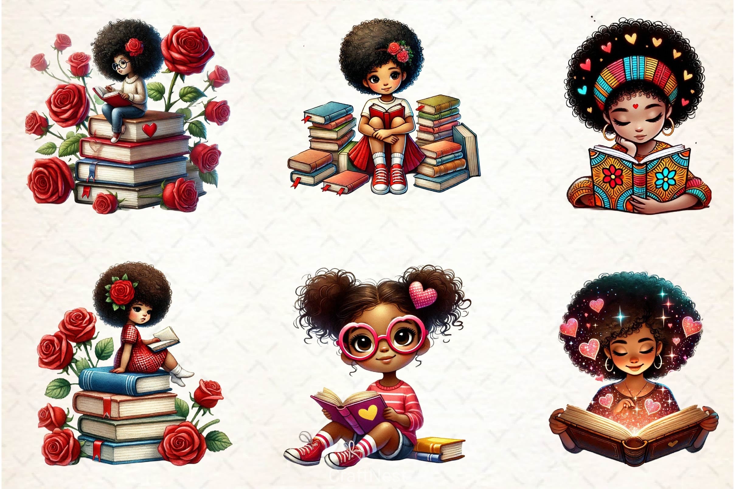 Valentine's Day Bookworm African Girl Clipart Bundle - CraftNest - Digital Crafting and Art