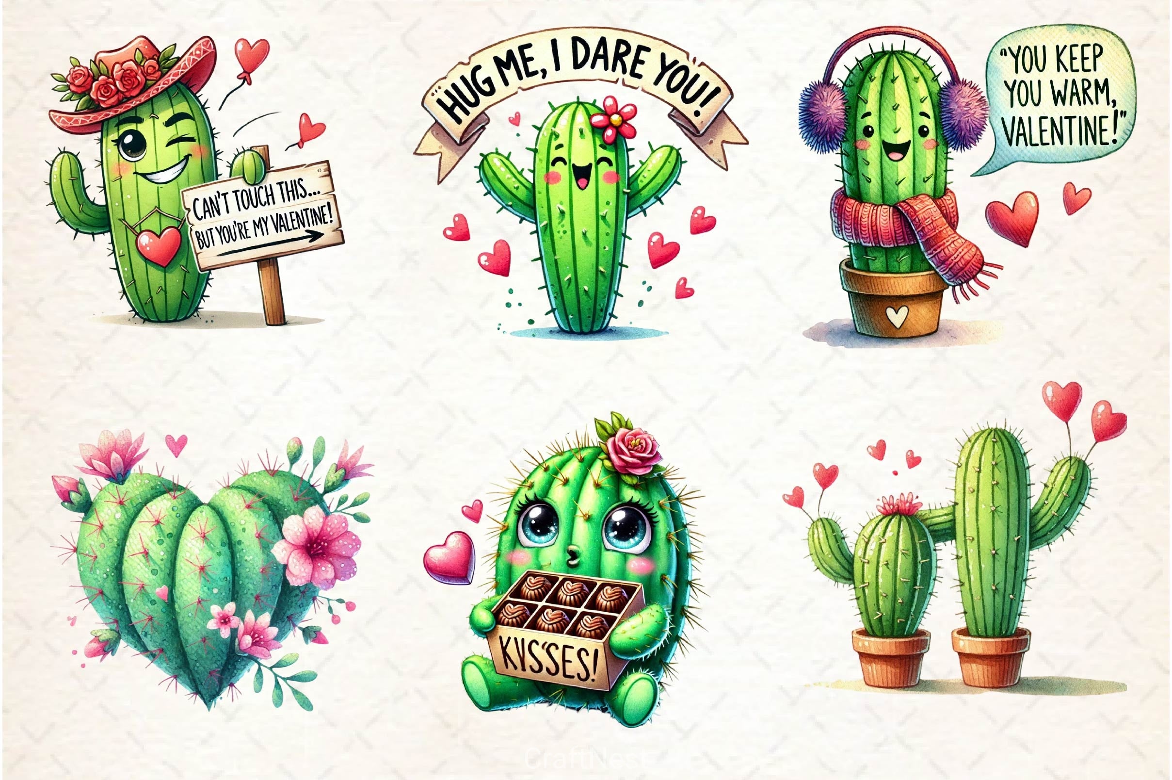 Cute Valentine Funny Cactus Clipart Bundle - CraftNest - Digital Crafting and Art