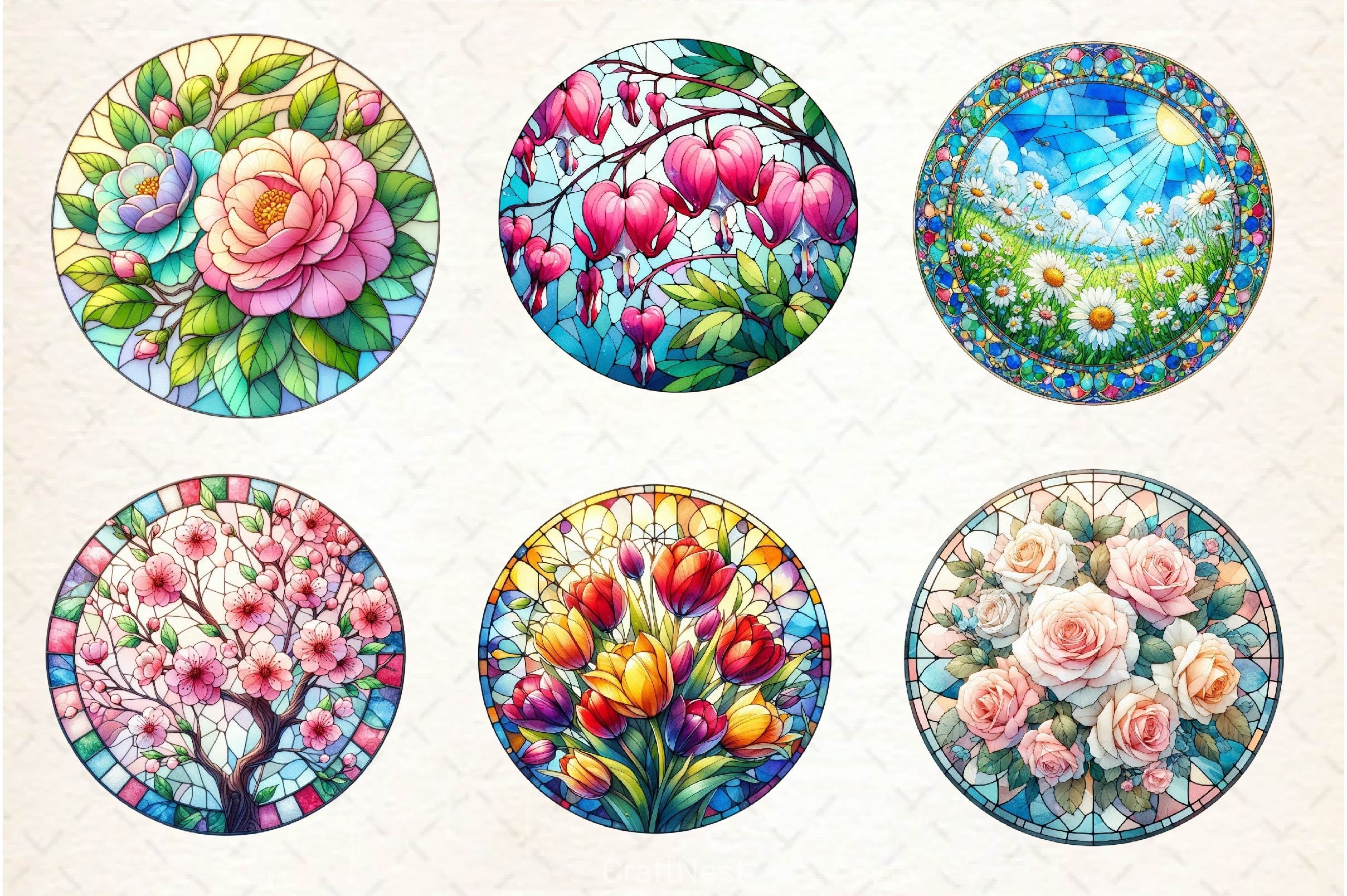 Round Stained Glass Spring Flower Clipart Bundle - CraftNest - Digital Crafting and Art