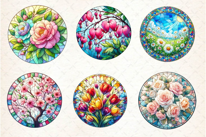 Round Stained Glass Spring Flower Clipart Bundle - CraftNest - Digital Crafting and Art
