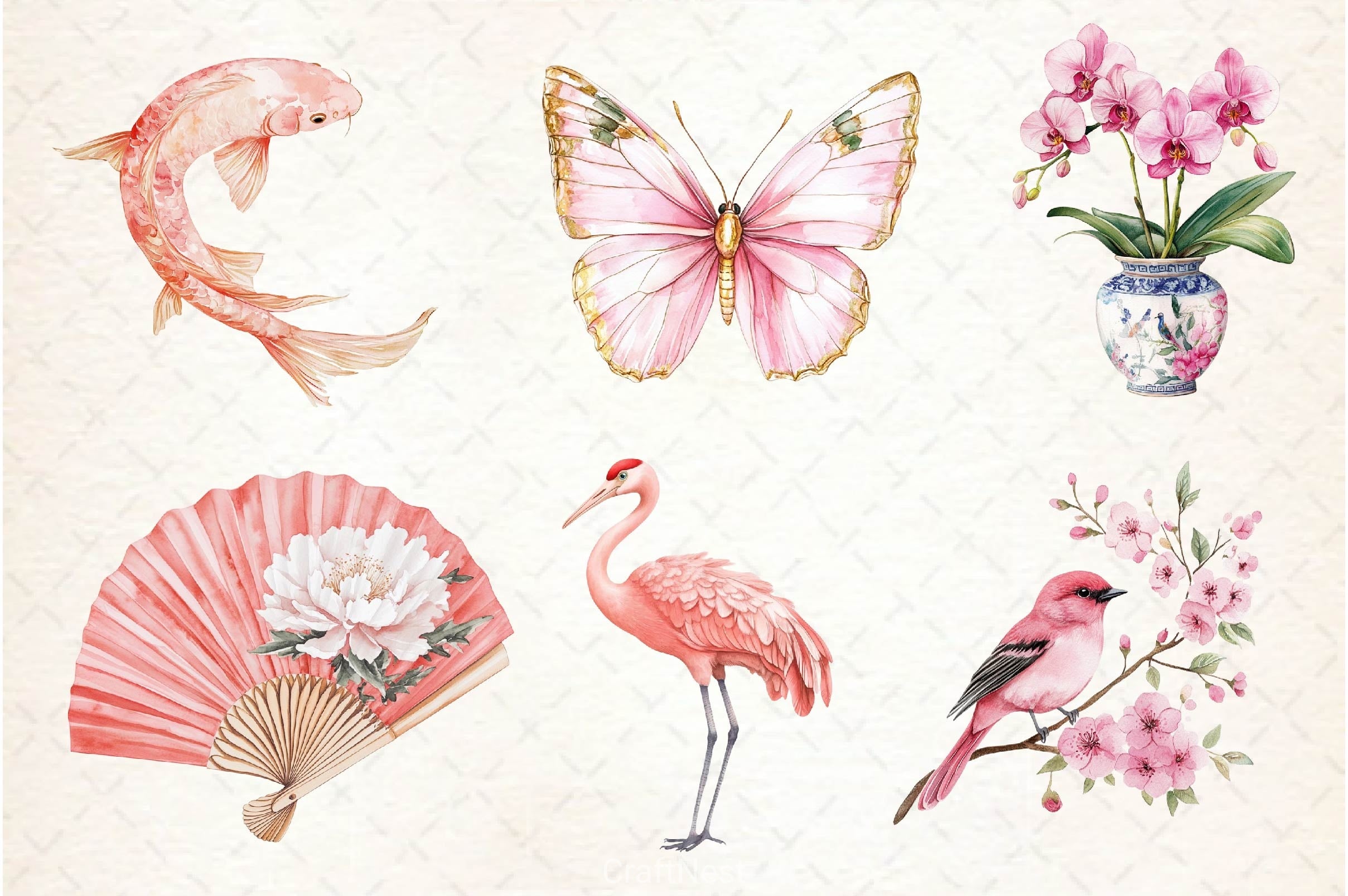 Pink Chinoiserie Summer Clipart Bundle 2 - CraftNest - Digital Crafting and Art