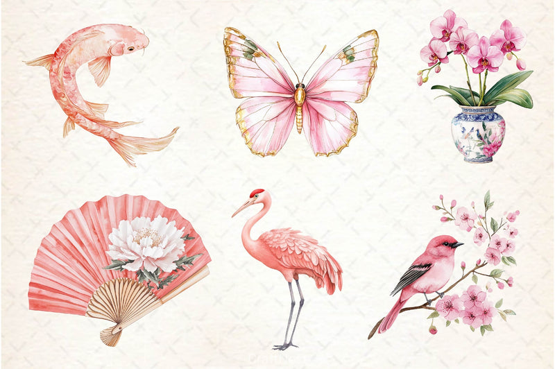 Pink Chinoiserie Summer Clipart Bundle 2 - CraftNest - Digital Crafting and Art
