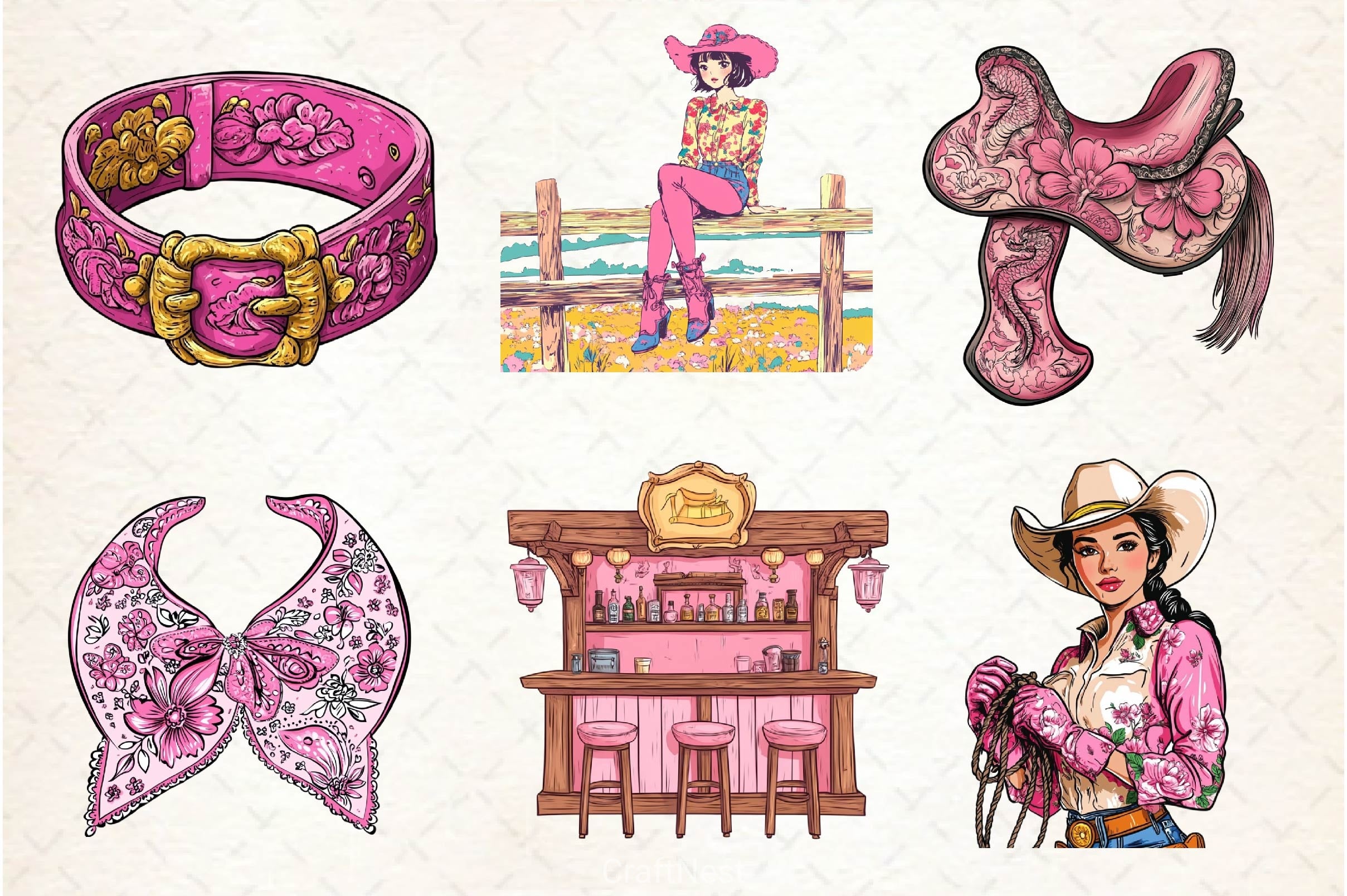 Pink Chinoiserie Cowgirl Clipart Bundle 2 - CraftNest - Digital Crafting and Art