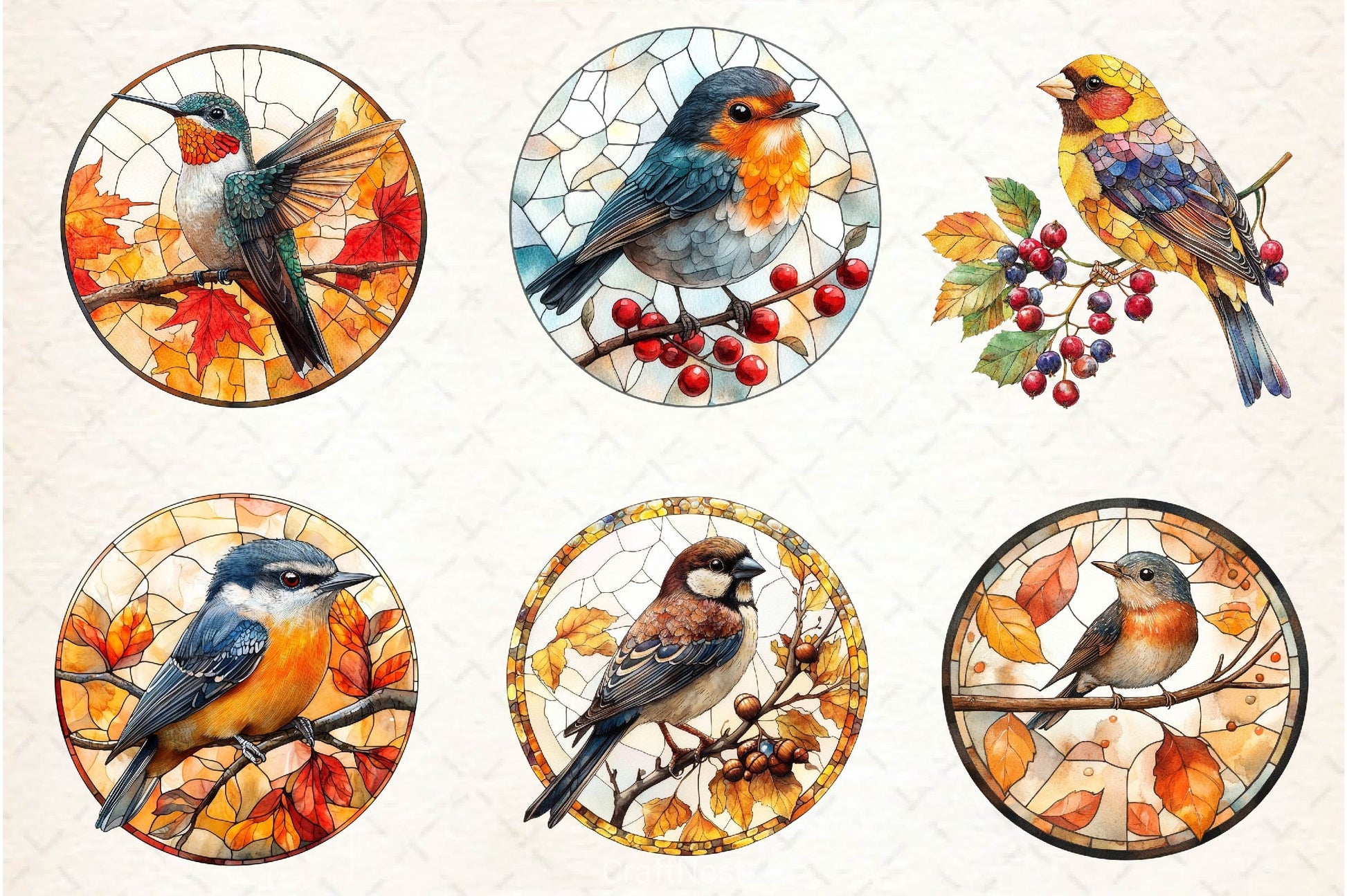 Fall Stained Glass Birds Clipart Bundle - CraftNest - Digital Crafting and Art