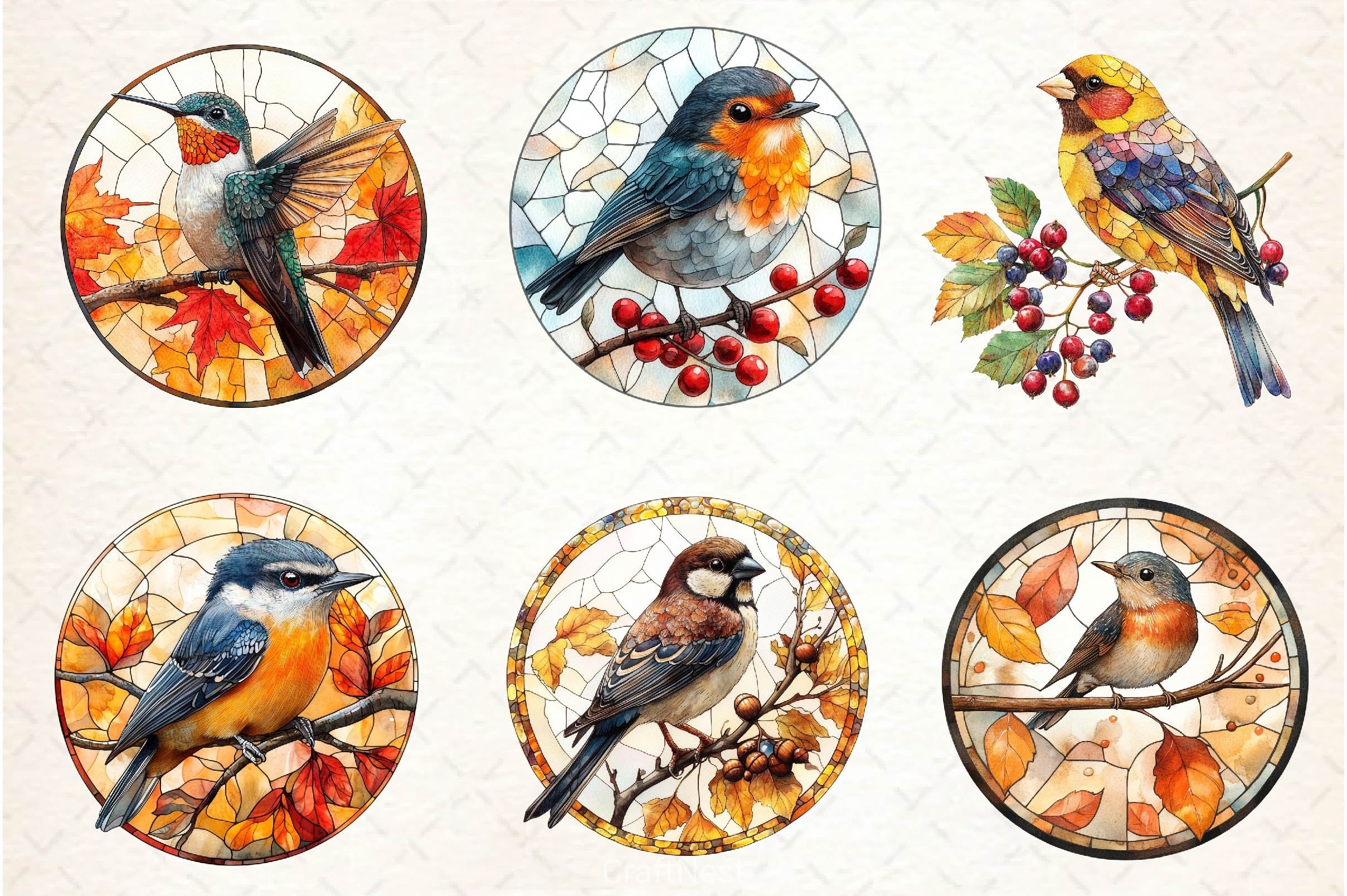 Fall Stained Glass Birds Clipart Bundle - CraftNest - Digital Crafting and Art