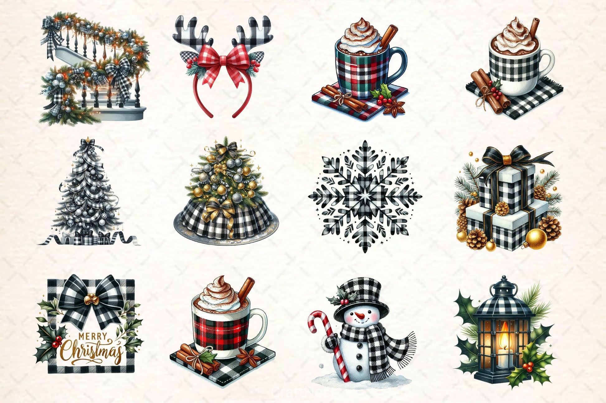 Luxury Plaid Black White Christmas Clipart Bundle - CraftNest - Digital Crafting and Art