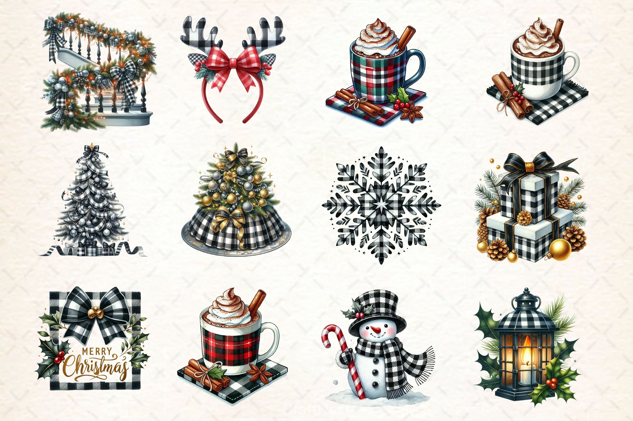 Luxury Plaid Black White Christmas Clipart Bundle - CraftNest - Digital Crafting and Art