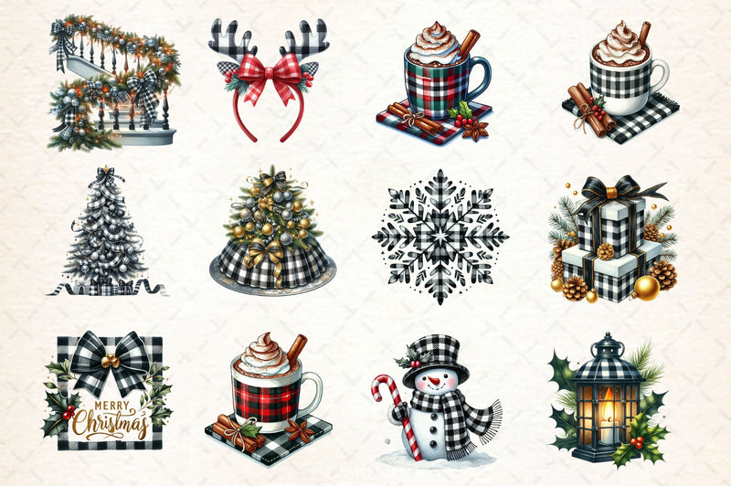 Luxury Plaid Black White Christmas Clipart Bundle - CraftNest - Digital Crafting and Art
