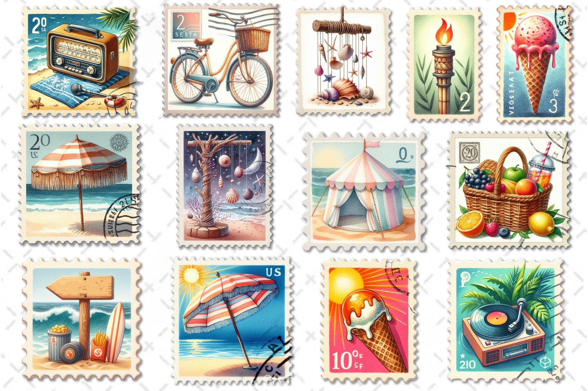 Summer Beach Postage Stamp Clipart Bundle - CraftNest - Digital Crafting and Art