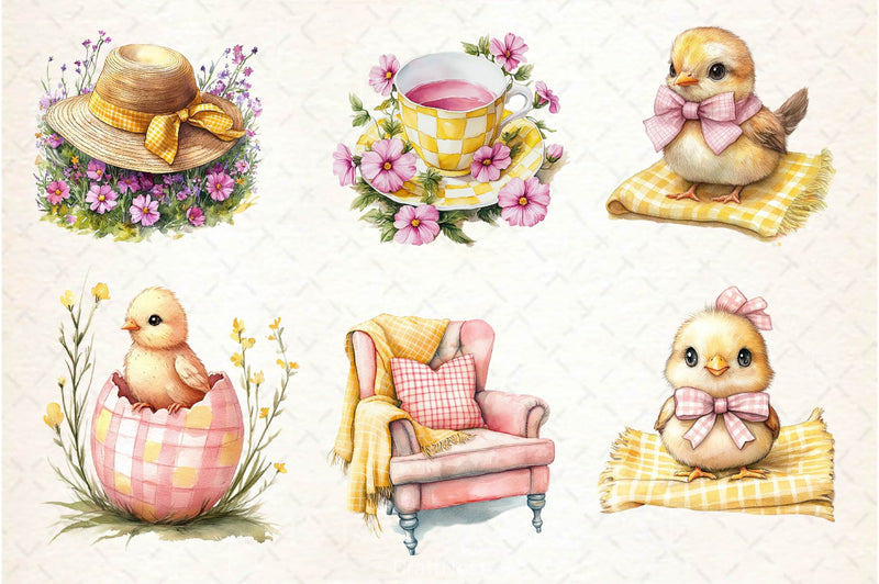 Yellow & Pink Gingham Spring Clipart Bundle - CraftNest - Digital Crafting and Art