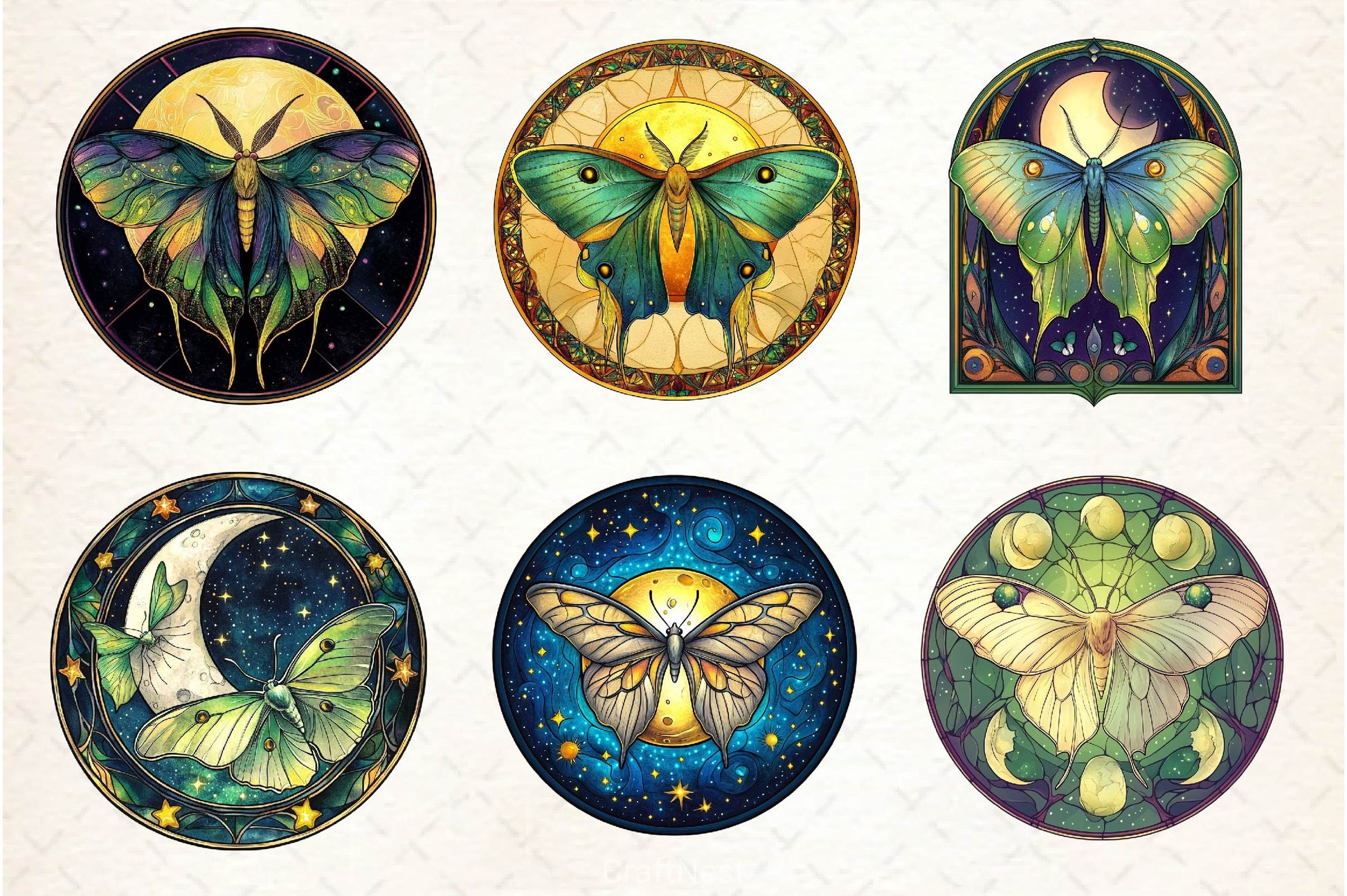 Lunar Moth And Moon Round Stained Glass Clipart Bundle 2 - CraftNest - Digital Crafting and Art