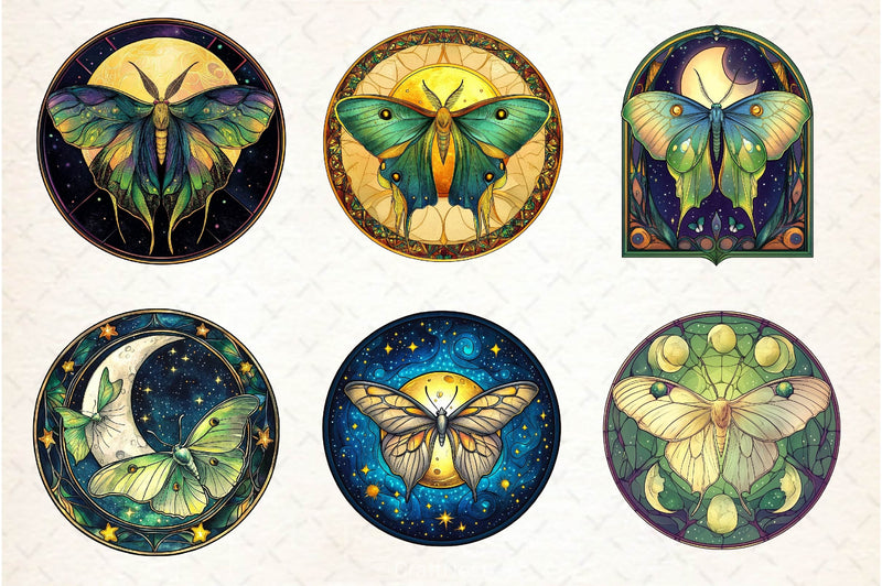 Lunar Moth And Moon Round Stained Glass Clipart Bundle 2 - CraftNest - Digital Crafting and Art