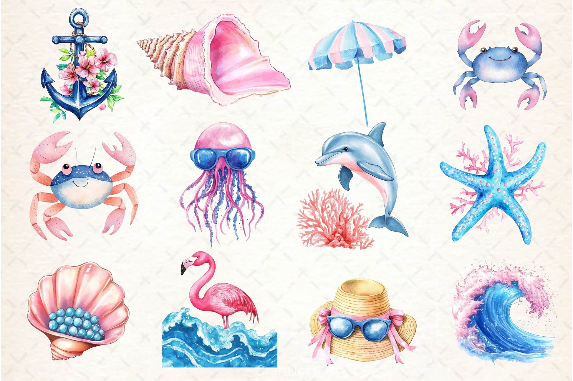 Summer Pink Blue Coastal Clipart Bundle 2 - CraftNest - Digital Crafting and Art
