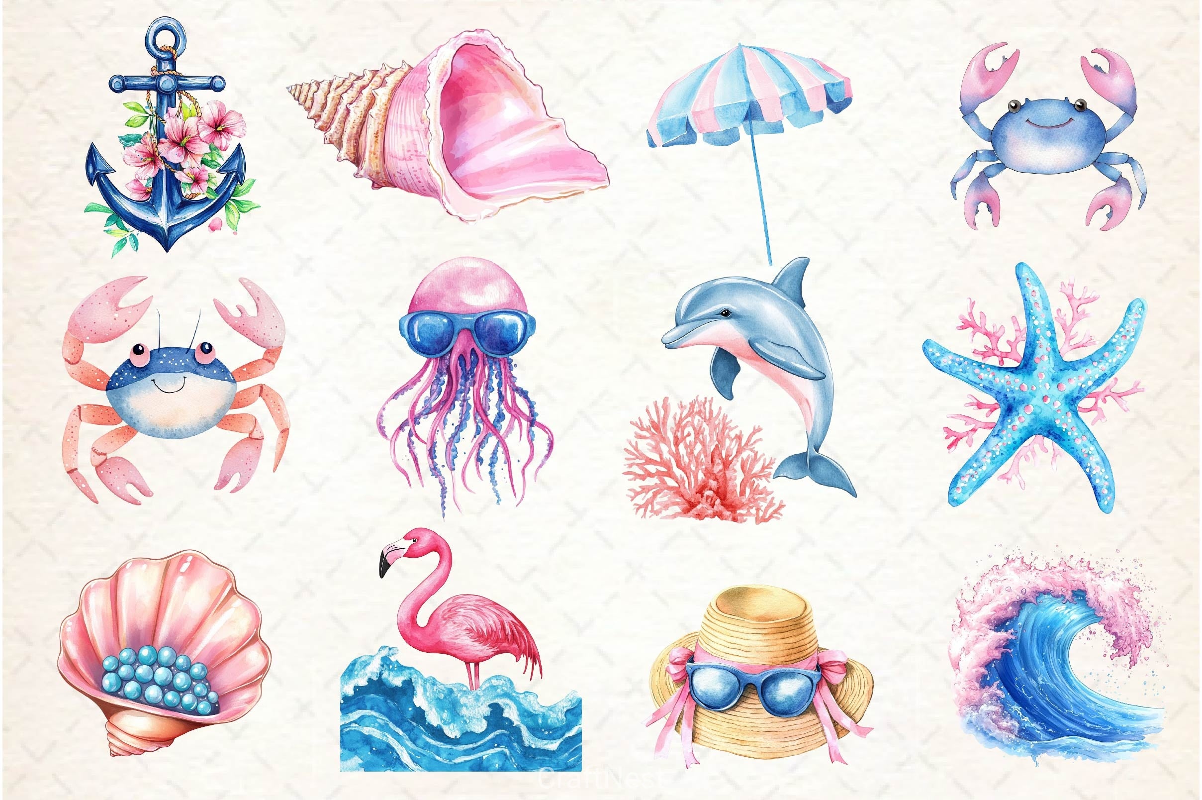 Summer Pink Blue Coastal Clipart Bundle 2 - CraftNest - Digital Crafting and Art