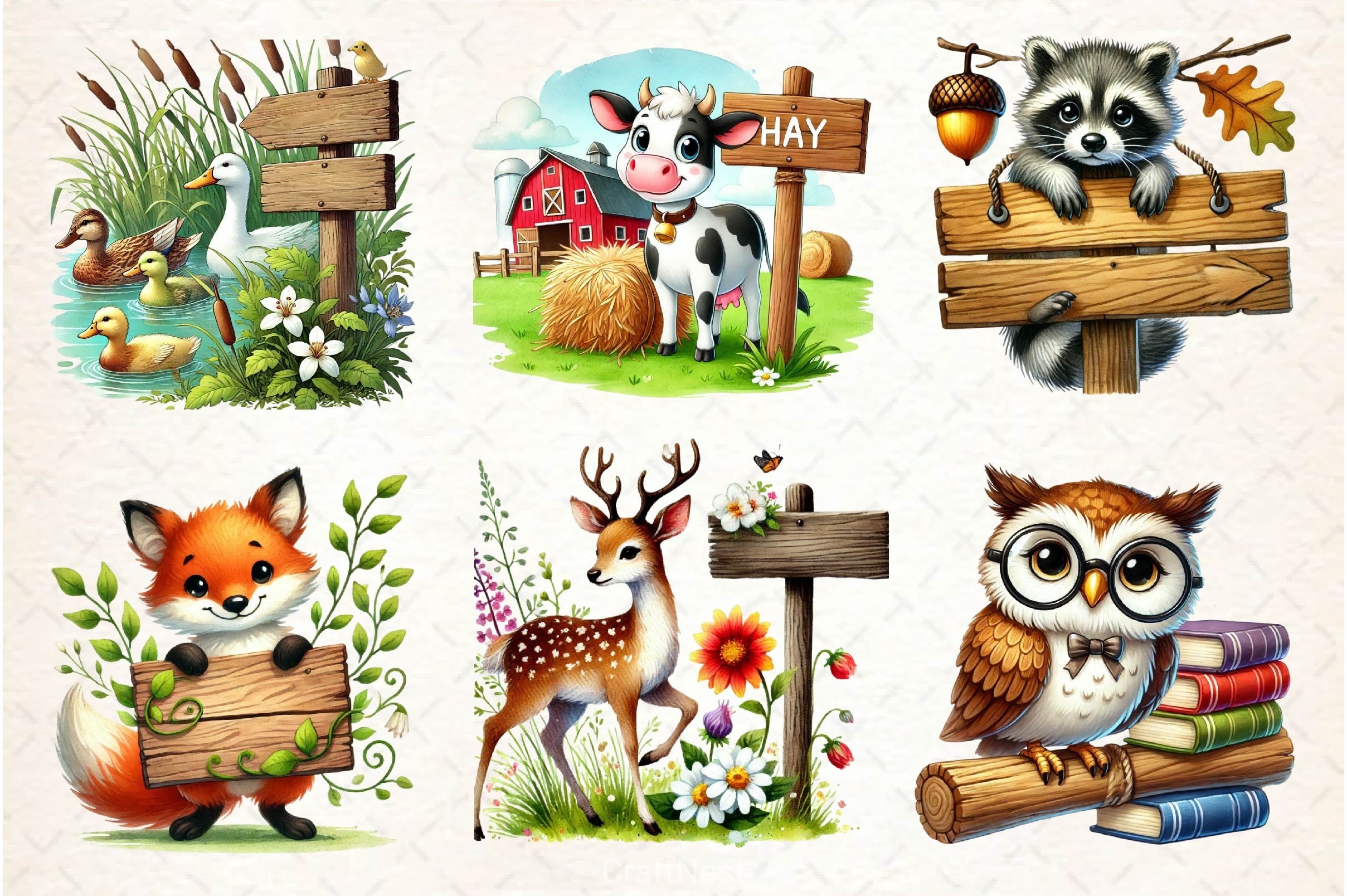 Animals With Wooden Signs Clipart Bundle - CraftNest - Digital Crafting and Art