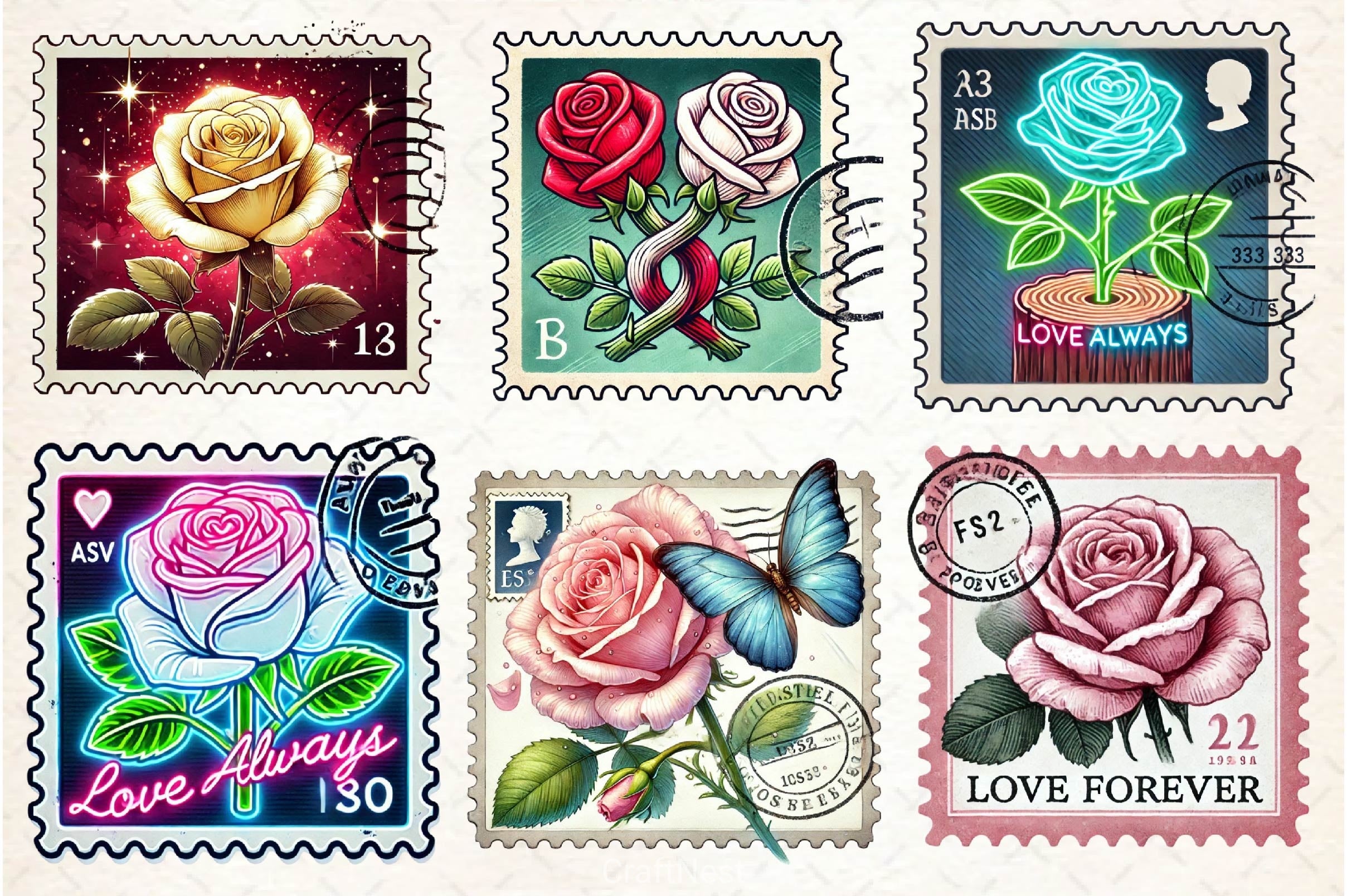 Valentine Rose Postage Stamp Clipart Bundle 2 - CraftNest - Digital Crafting and Art