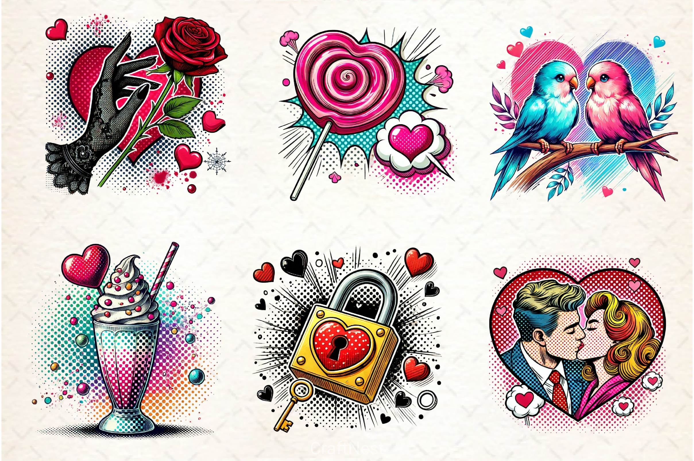 Cute Pop Art Valentines Day Clipart Bundle - CraftNest - Digital Crafting and Art