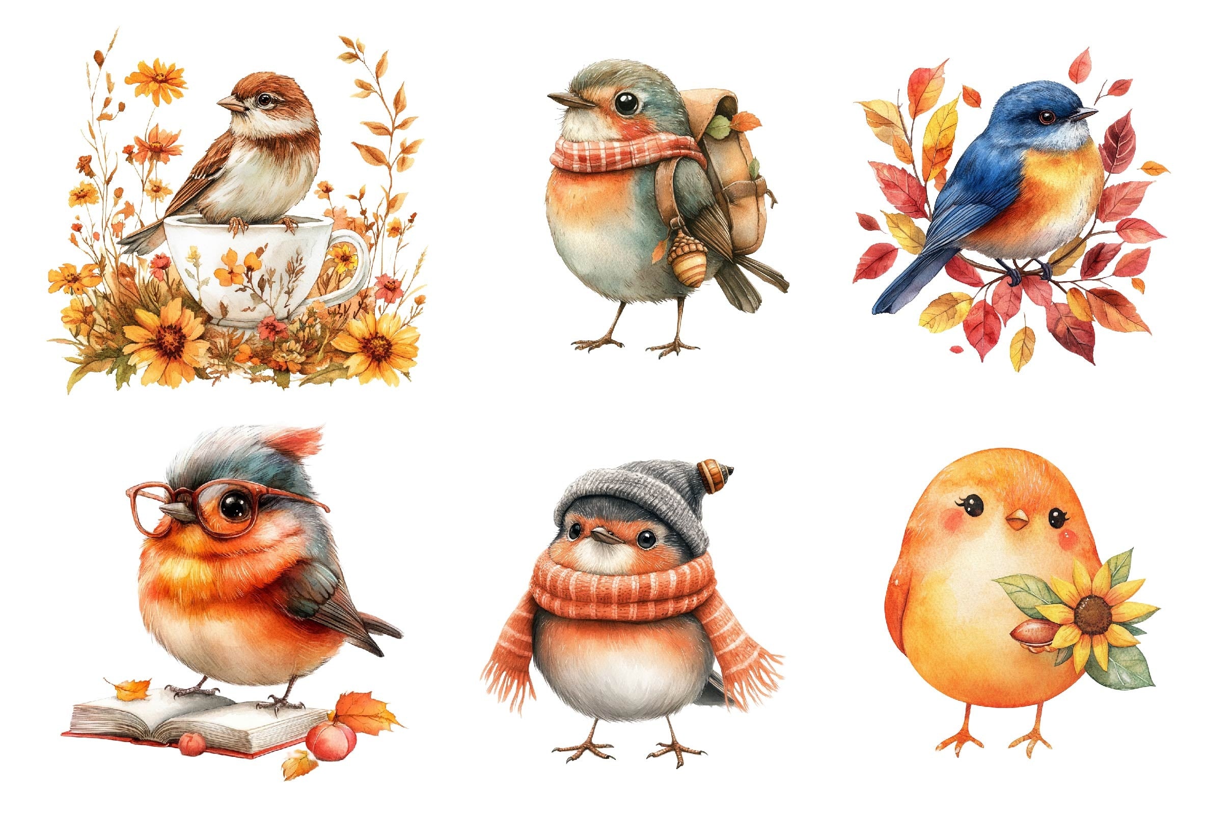 Fall Bird Printable Whimsical Fall Autumn Birds Clipart Bundle
