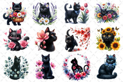 Floral Black Cat Clipart Bundle - CraftNest - Digital Crafting and Art