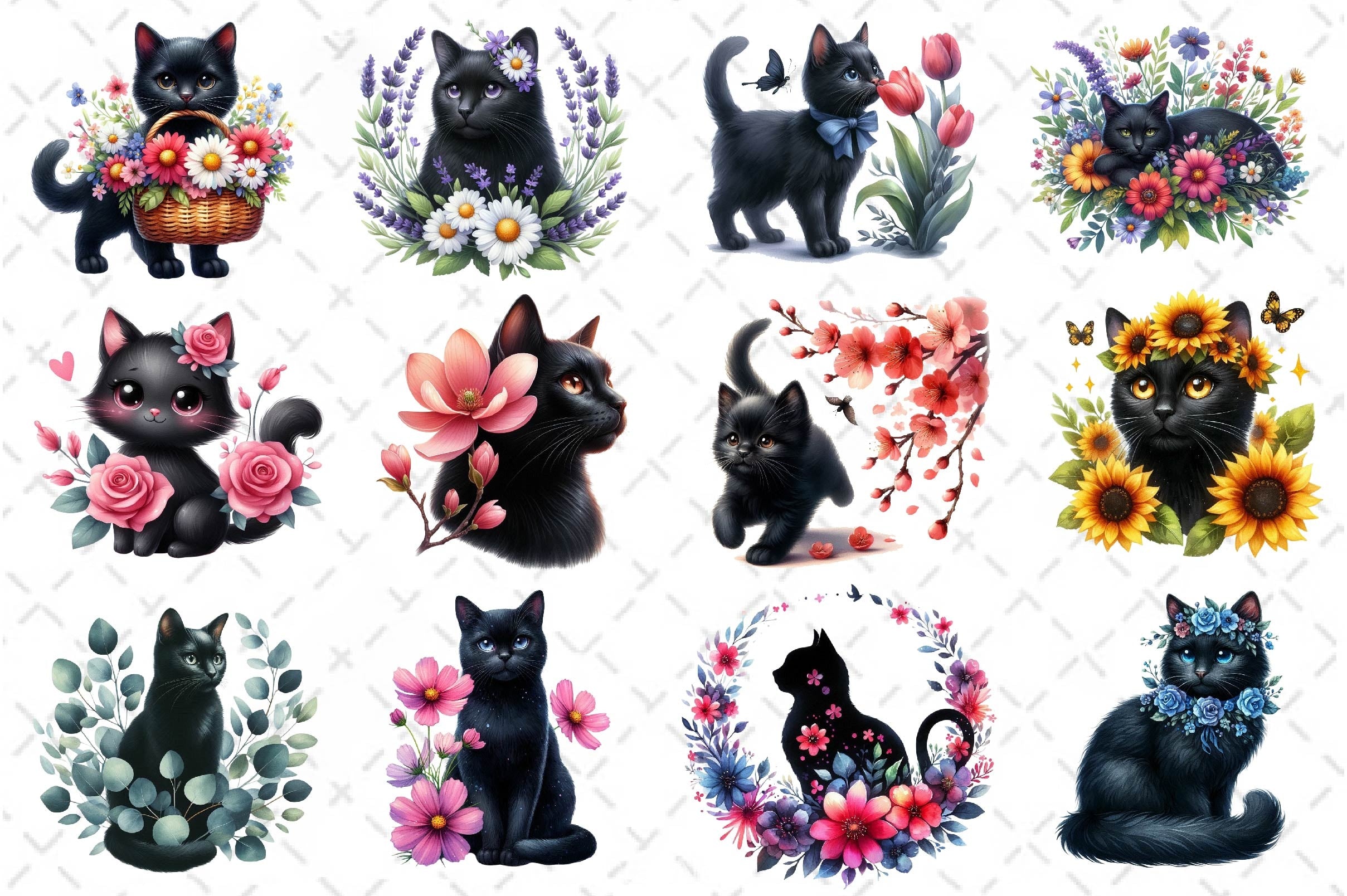 Floral Black Cat Clipart Bundle - CraftNest - Digital Crafting and Art