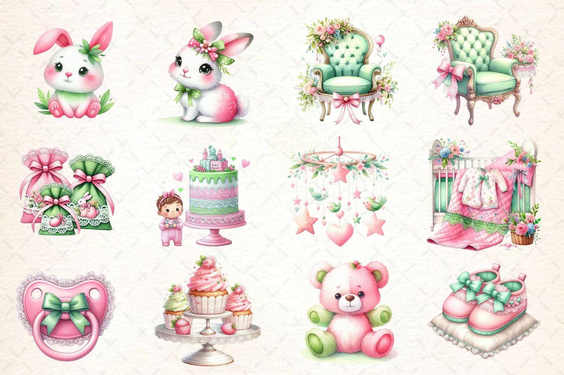 Pink & Green Coquette Baby Shower Clipart Bundle - CraftNest - Digital Crafting and Art