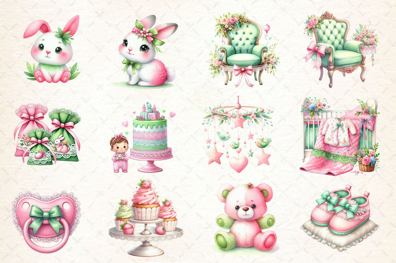Pink & Green Coquette Baby Shower Clipart Bundle - CraftNest - Digital Crafting and Art