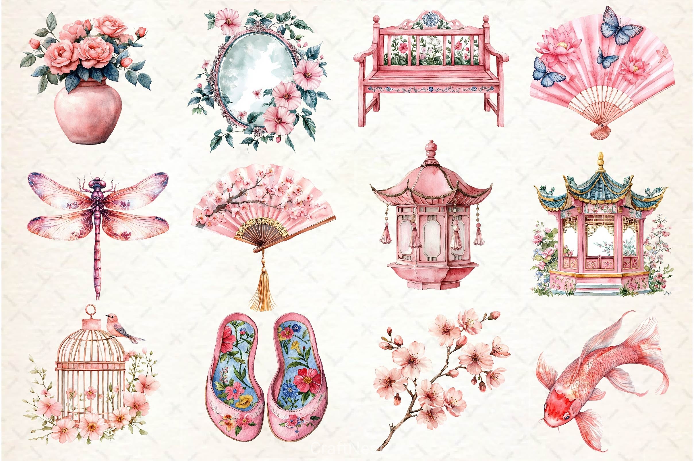 Pink Chinoiserie Summer Clipart Bundle 3 - CraftNest - Digital Crafting and Art