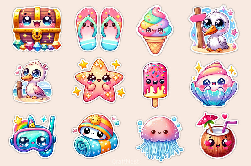 Kawaii Beach Clipart Bundle - CraftNest - Digital Crafting and Art
