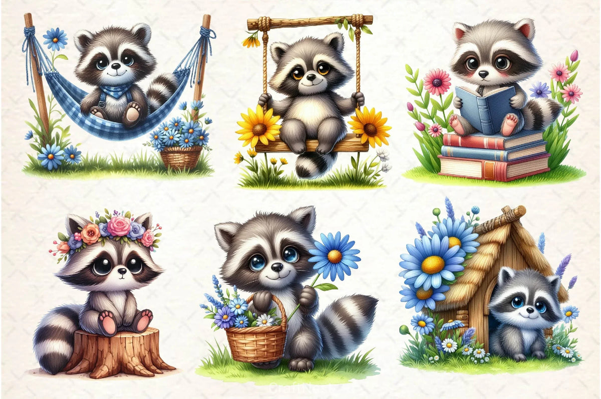 Spring Raccoon Pattern Spring Cute Raccoon Clipart Bundle