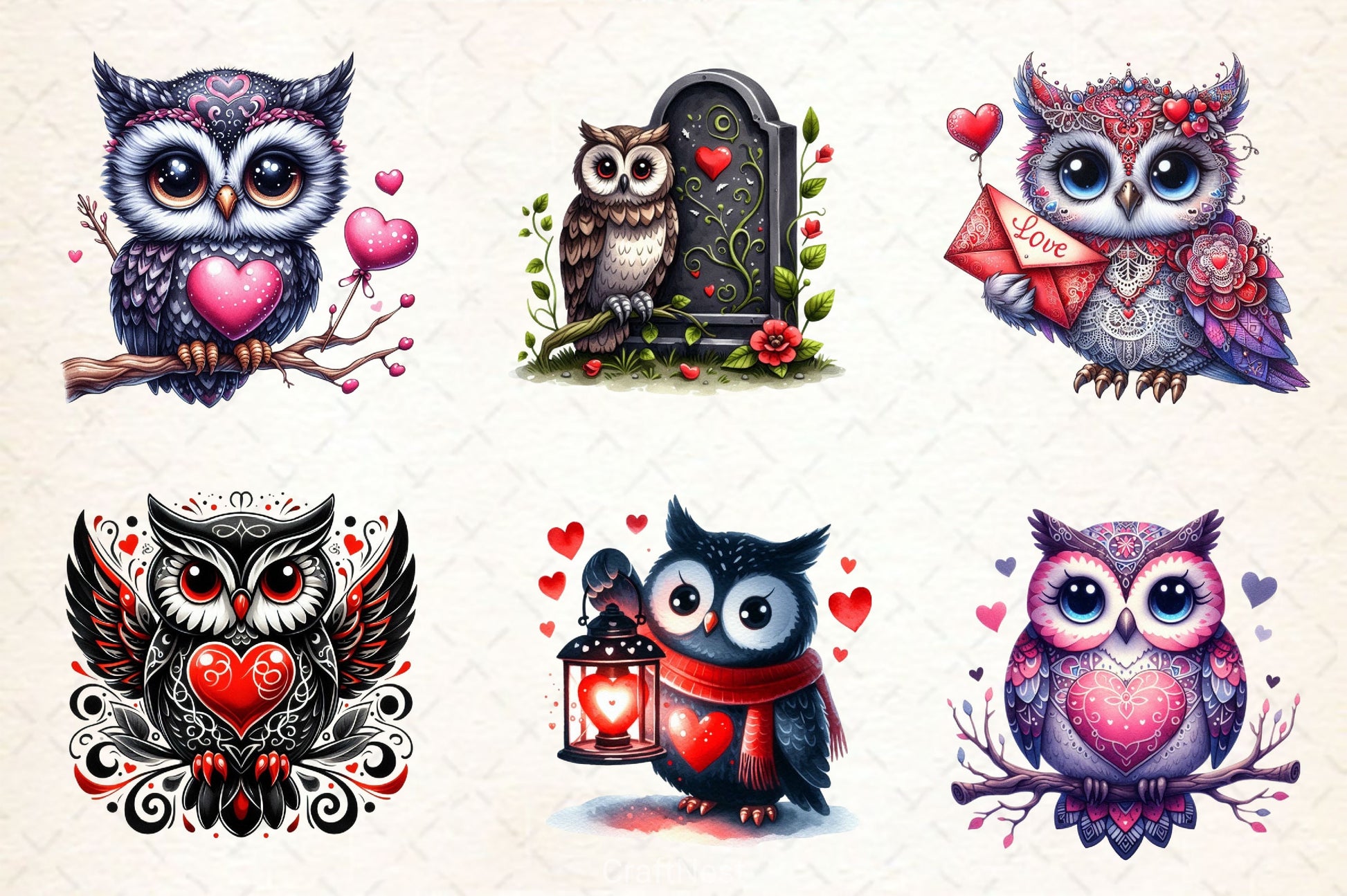 Valentine Gothic Owls Clipart Bundle 3 - CraftNest - Digital Crafting and Art