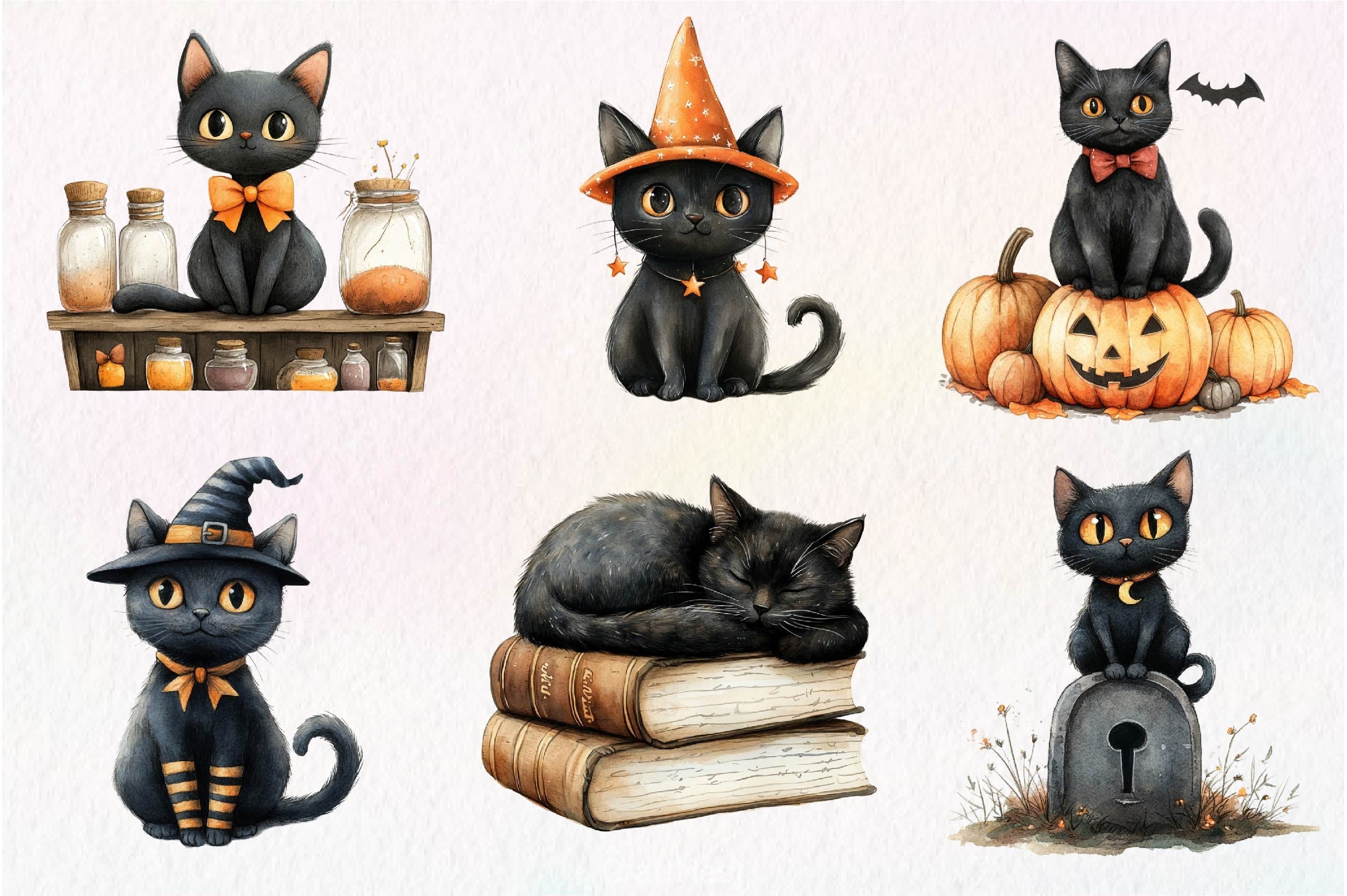 Halloween Whimsical Black Cat Clipart Bundle - CraftNest - Digital Crafting and Art