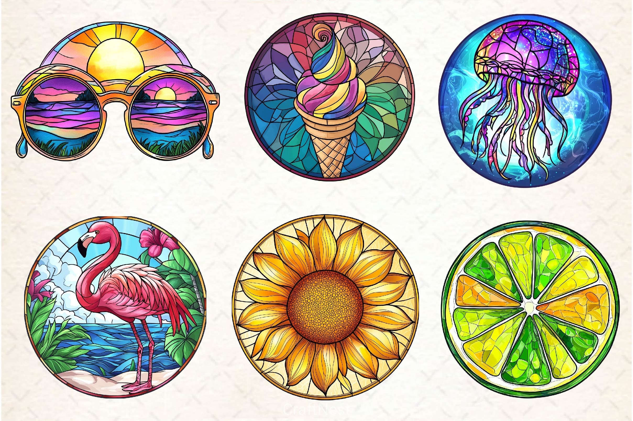 Round Stained Glass Summer Clipart Bundle 4 - CraftNest - Digital Crafting and Art