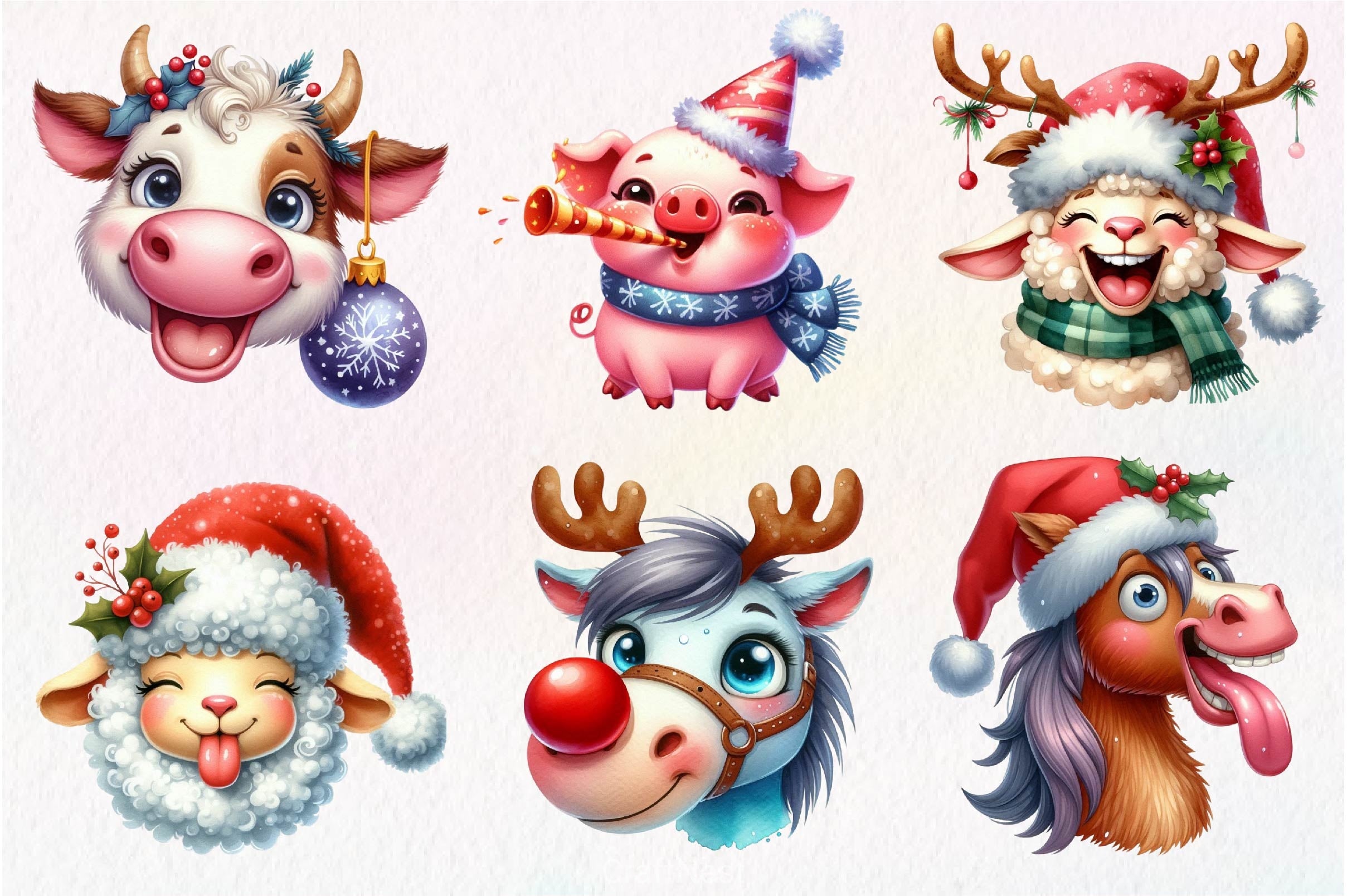 Funny Christmas Farm Animal Face Clipart Bundle - CraftNest - Digital Crafting and Art