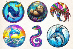 Round Stained Glass Sea Animals Clipart Bundle - CraftNest - Digital Crafting and Art