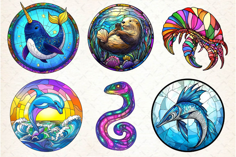Round Stained Glass Sea Animals Clipart Bundle - CraftNest - Digital Crafting and Art