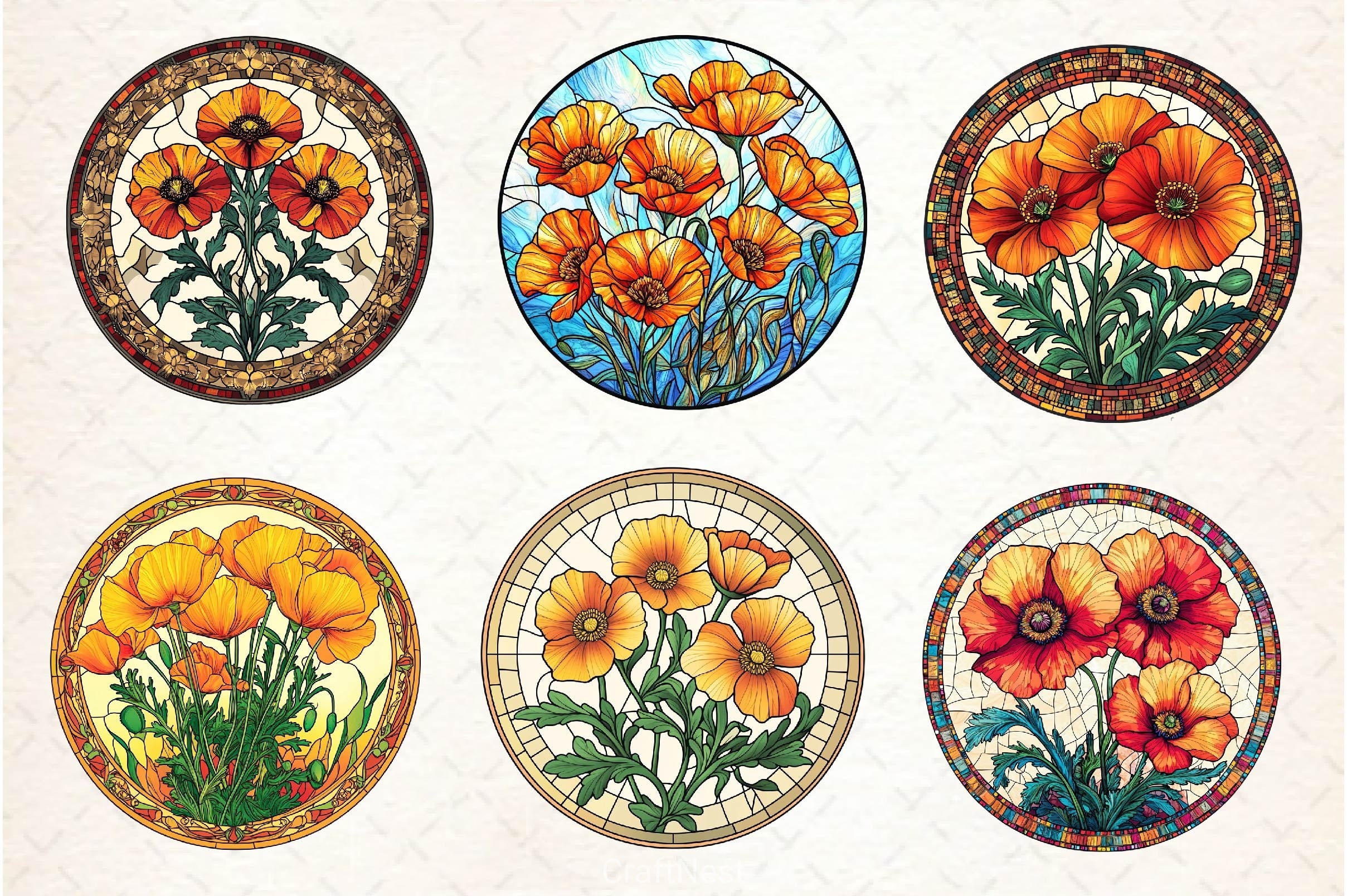 Stained Glass California Poppies Clipart Bundle - CraftNest - Digital Crafting and Art