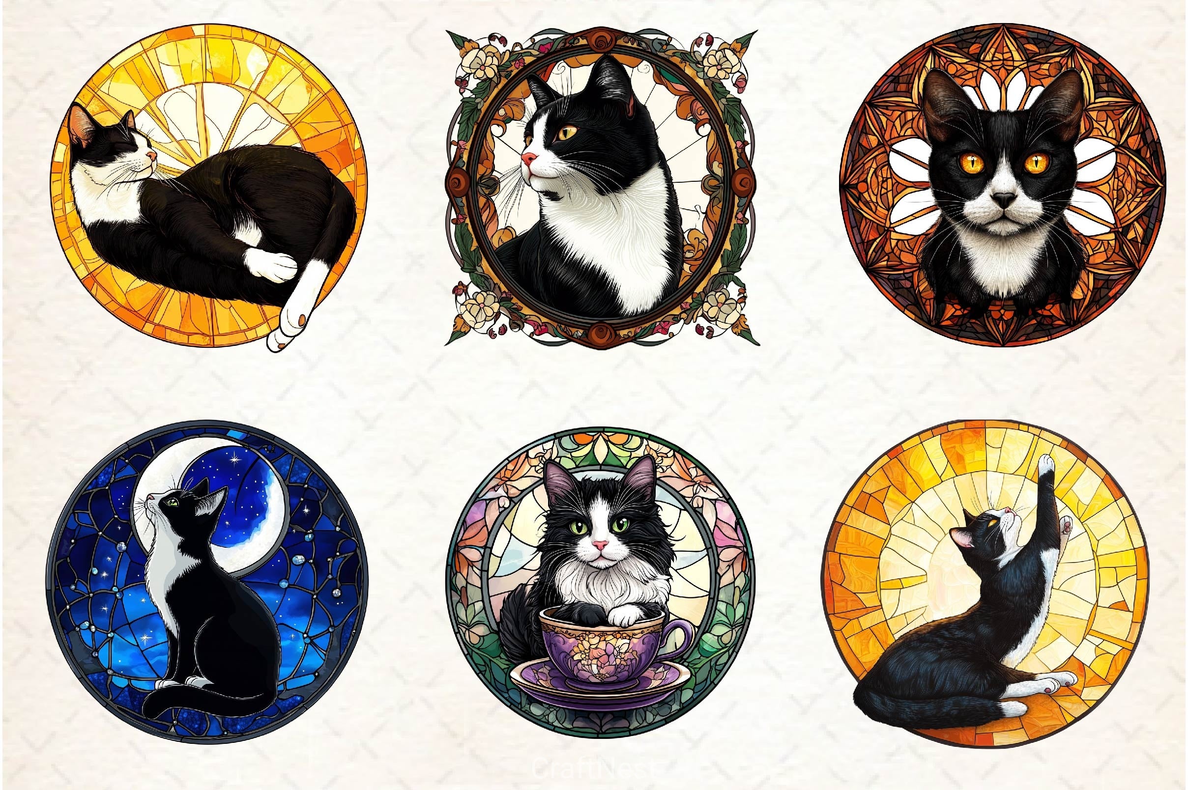 Round Stained Glass Tuxedo Cat Clipart Bundle 2 - CraftNest - Digital Crafting and Art
