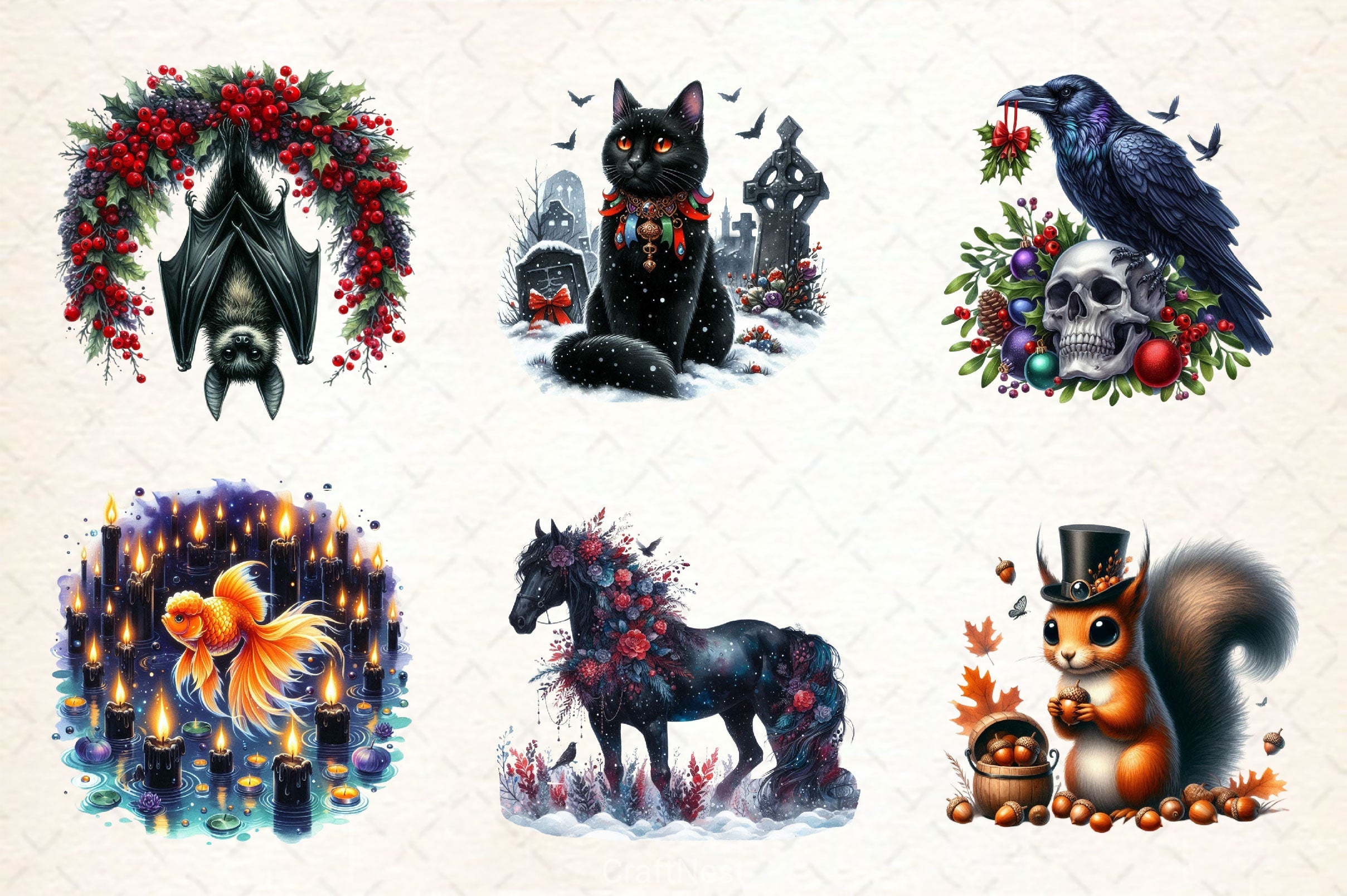 Christmas Gothic Animals Clipart Bundle 2 - CraftNest - Digital Crafting and Art