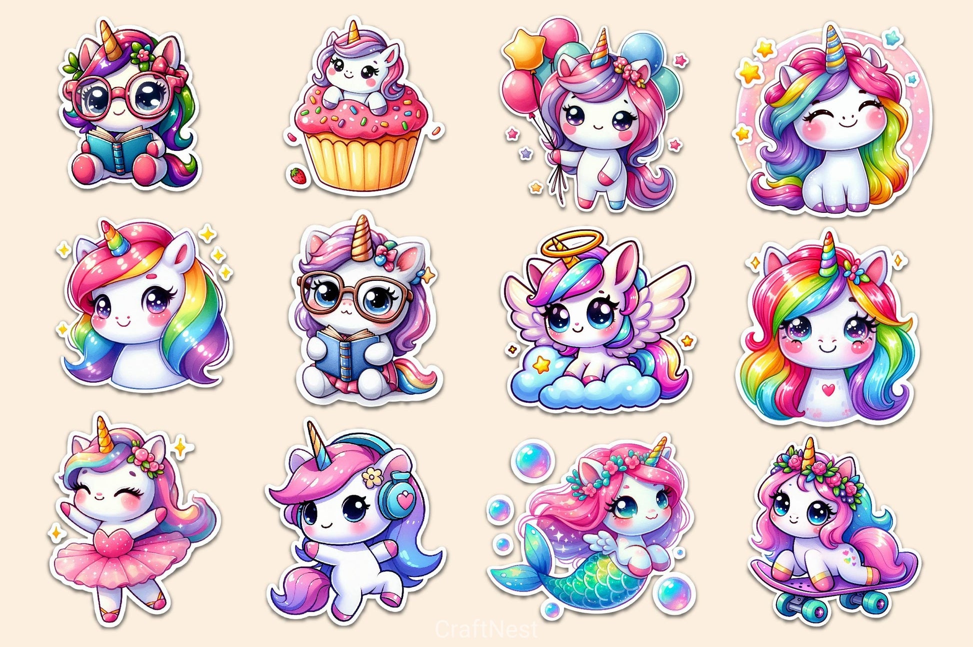 Kawaii Cute Unicorn Stickers Sticker Clipart Bundle - CraftNest - Digital Crafting and Art