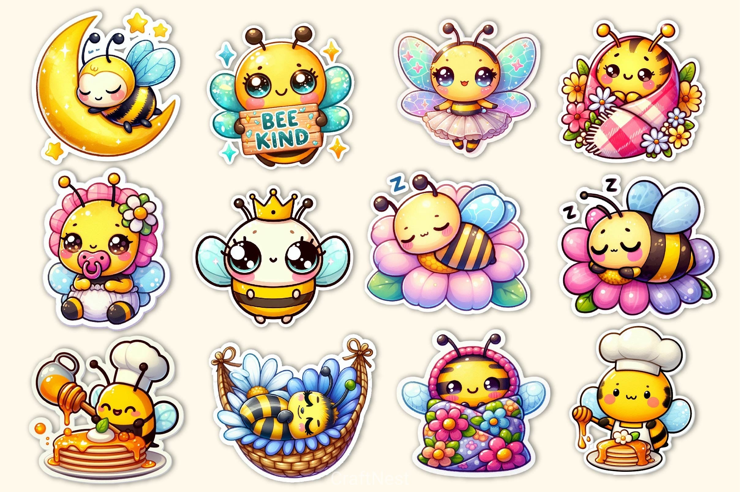 Kawaii Cute Bee Stickers Sticker Clipart Bundle - CraftNest - Digital Crafting and Art