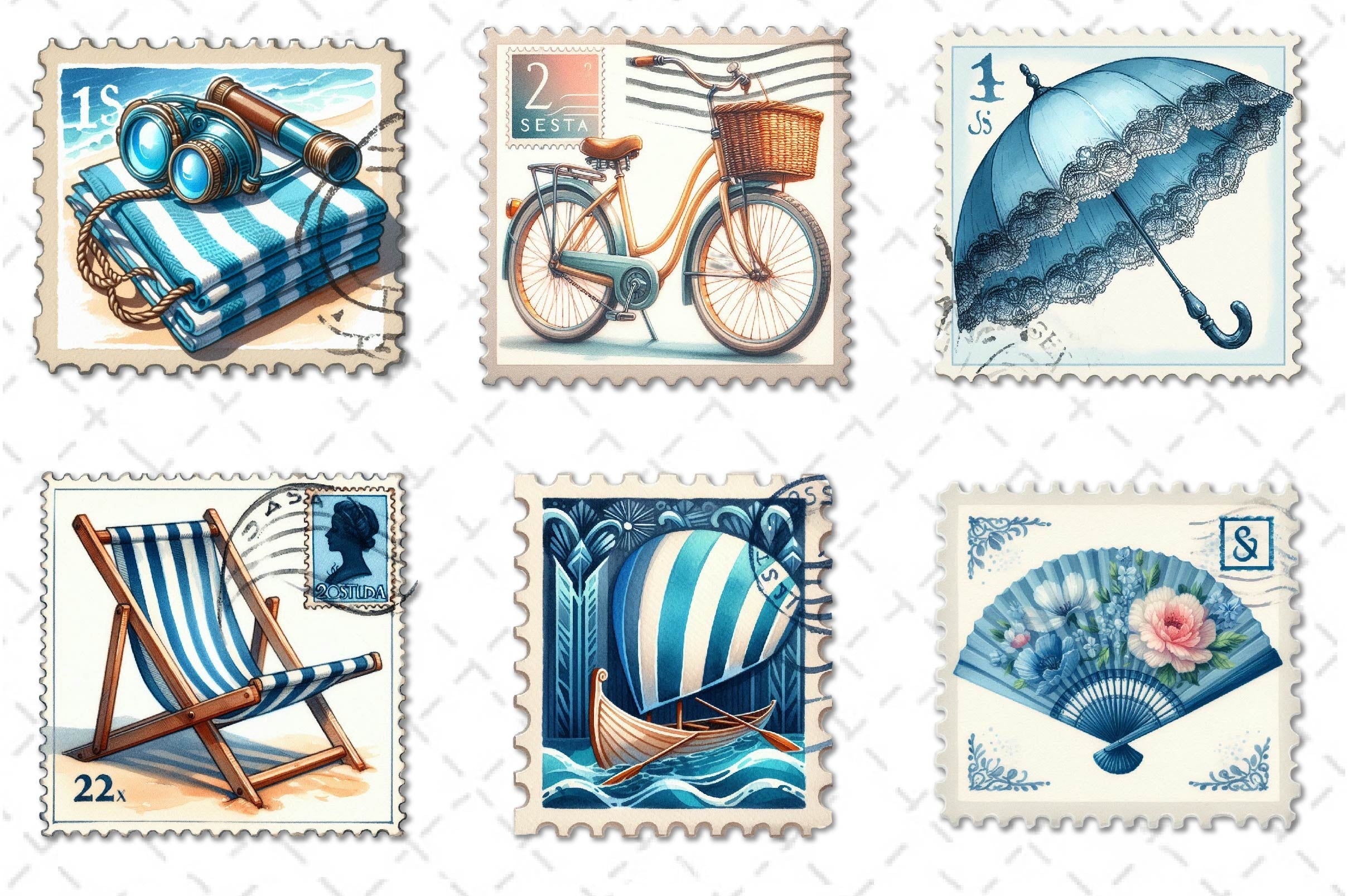 Blue Summer 1920 Postage Stamp Clipart Bundle - CraftNest - Digital Crafting and Art