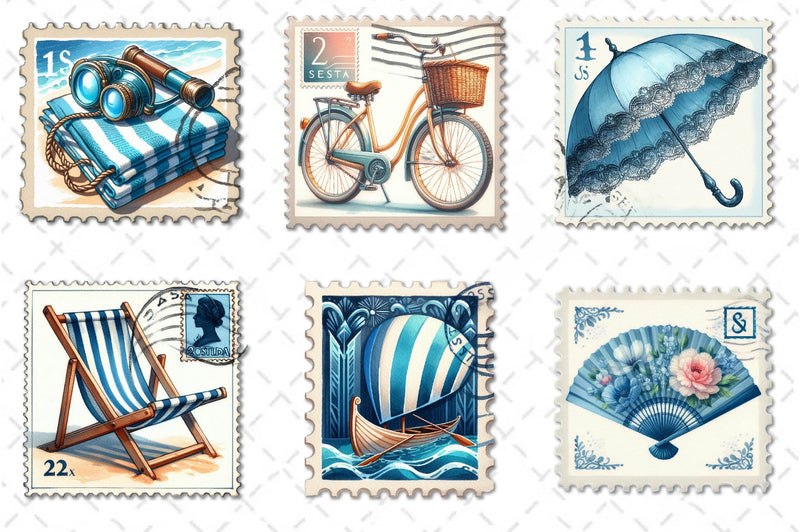 Blue Summer 1920 Postage Stamp Clipart Bundle - CraftNest - Digital Crafting and Art